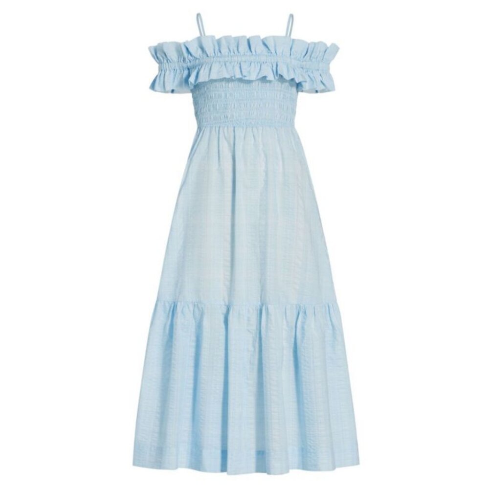 NEW Ganni Size 38 (US 6) Women's Seersucker Smocked Maxi Dress - Ice Water